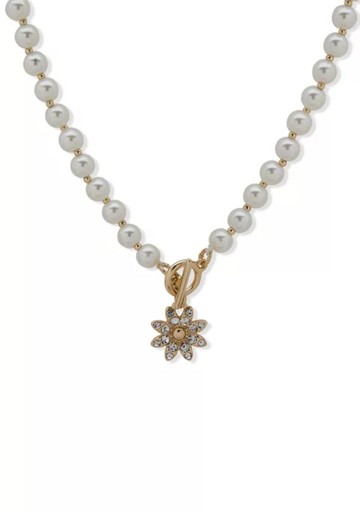 Gold Large Flower Pendant Necklace with Pearl