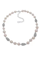 Silver Tone Pink Pearl Crystal Pavé 16" Collar Necklace 