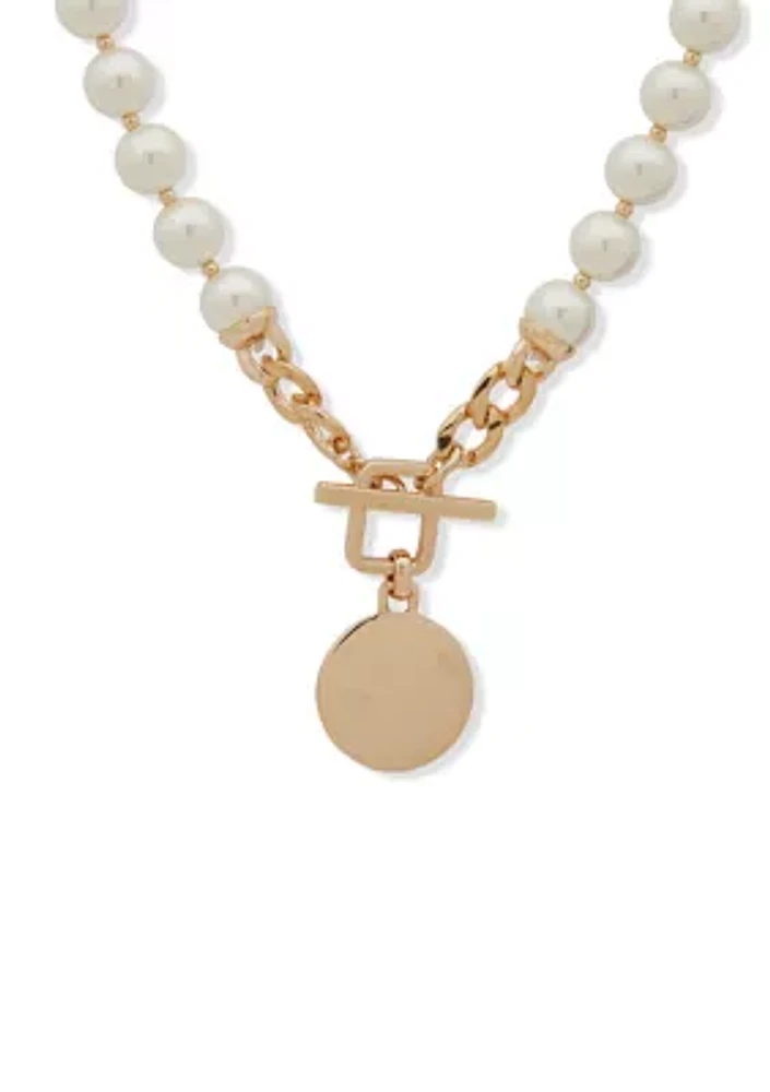 Gold Tone 16'' Pearl Toggle Collar Necklace