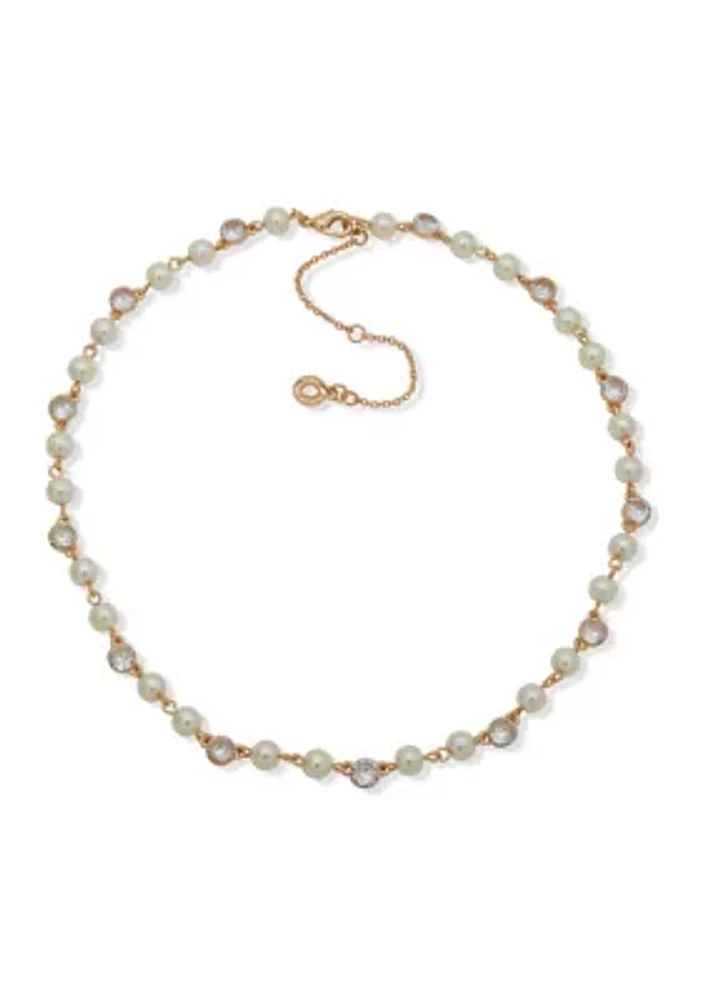 Gold Tone 16" Pearl and Crystal Collar Necklace 