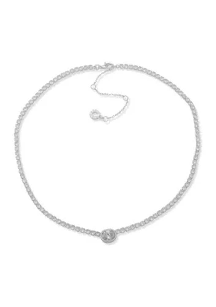 Silver Tone 16'' Crystal Oval Pendant Necklace