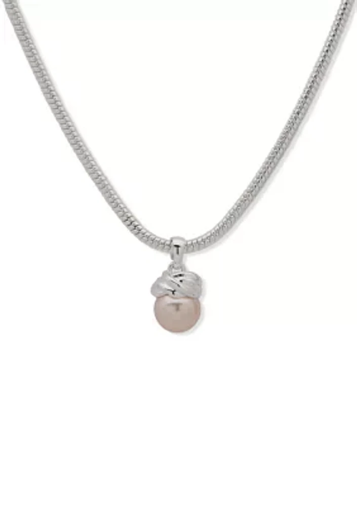 Silver Tone 16" Pink Pearl Snake Chain with Knot Necklace