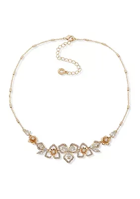 Gold Tone 16" Crystal Flower Stone Frontal Necklace