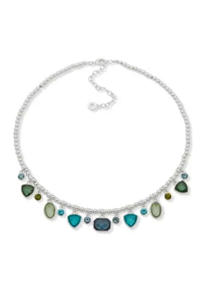 Silver Tone 16" Blue and Green Stone Frontal Necklace