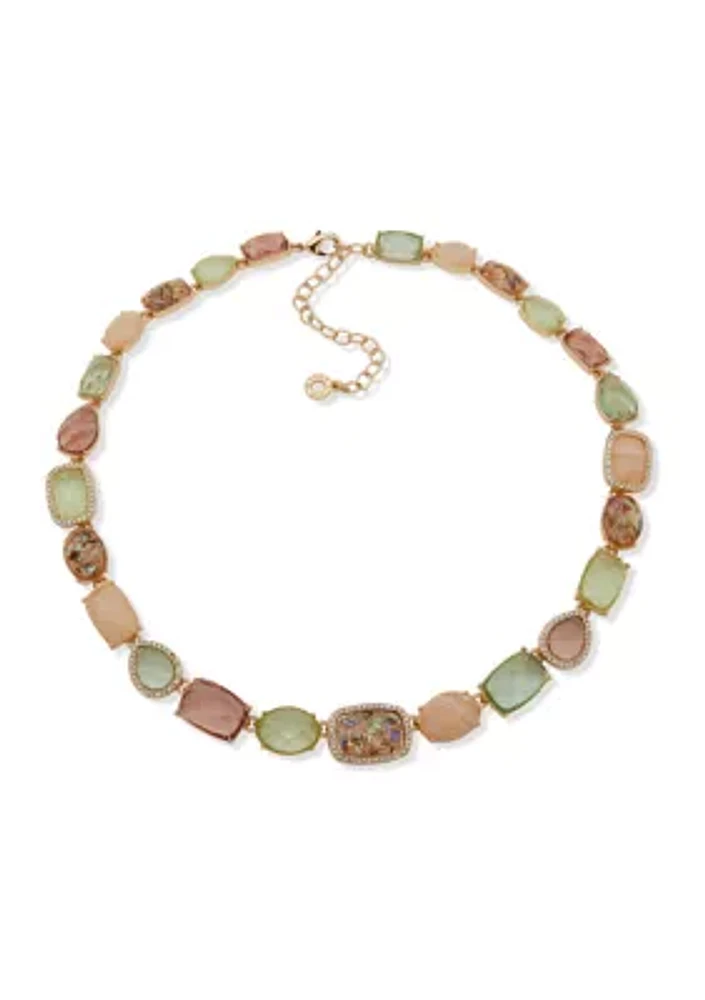 Gold Tone Pink and Green Multi Station Collar Necklace