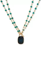 Gold Tone Blue Multi Row Pendant Necklace