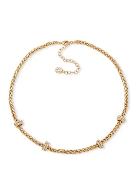 Gold Tone Crystal Wheat Chain Necklace