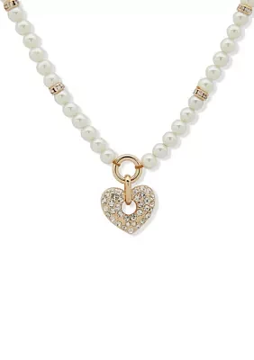 Gold Tone Pearl Crystal Heart Pendant Necklace