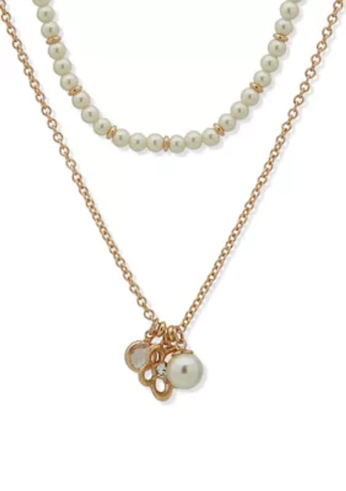 Gold Tone Pearl Floral Charms Necklace