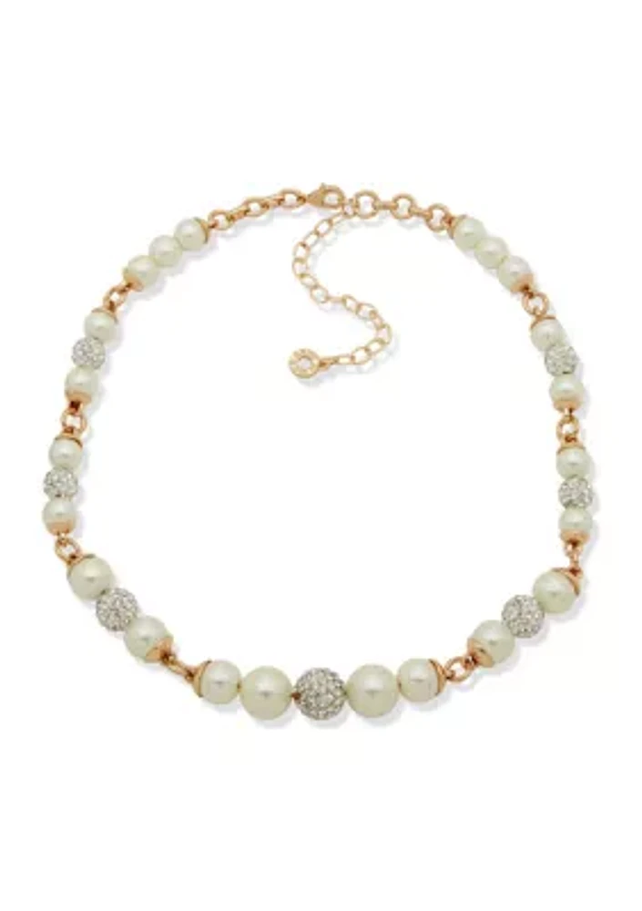 Gold Tone Pearl Crystal Fireball Collar Necklace