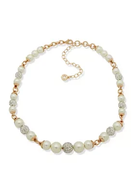 Gold Tone Pearl Crystal Fireball Collar Necklace