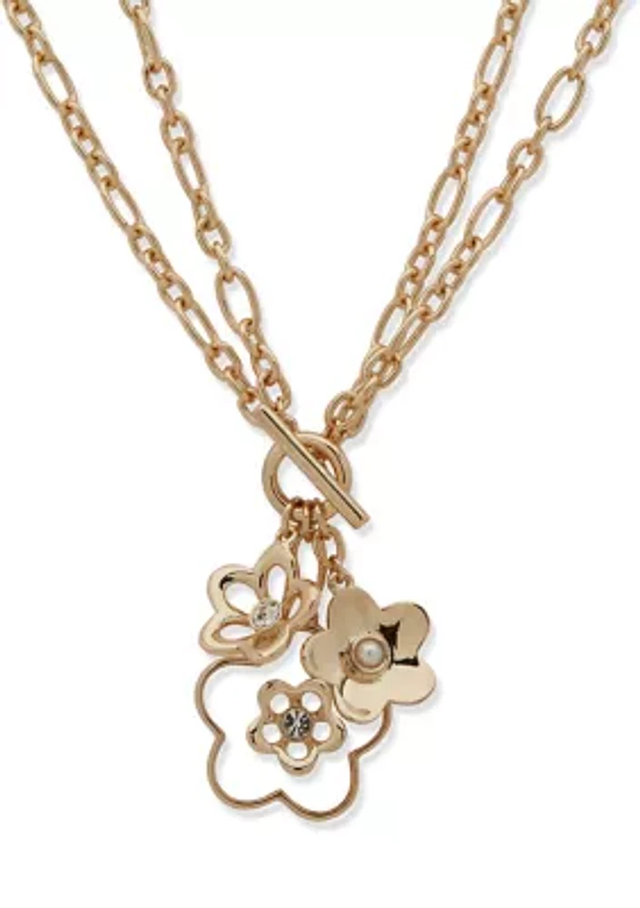 Gold Tone Pearl Flower Charm Pendant Necklace