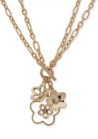 Gold Tone Pearl Flower Charm Pendant Necklace