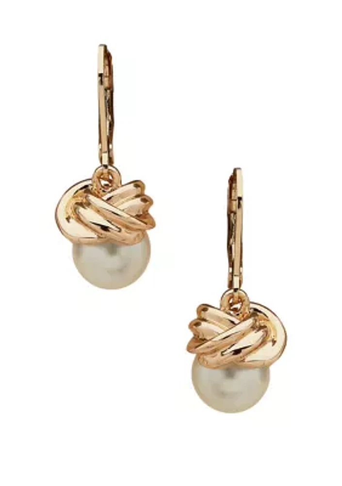 Gold Tone Lever Back Pearl Drop Earrings