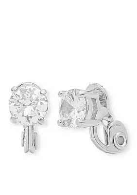 Silver-Tone CZ Stud Clip Earrings