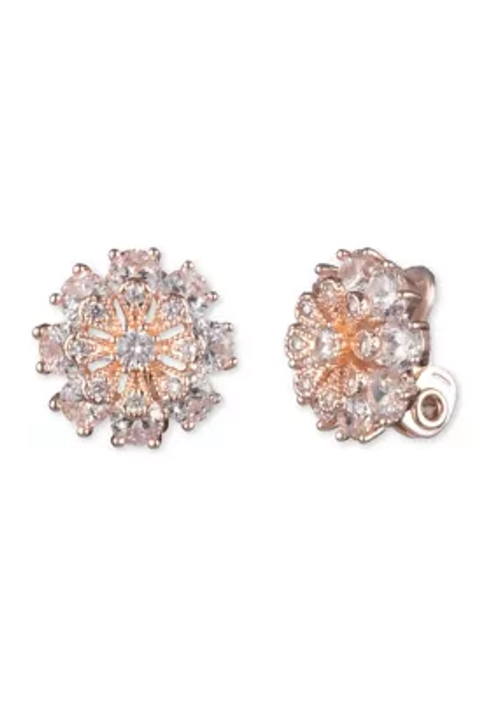 Rose Gold Tone Crystal Cubic Zirconia Flower Button Clip Earrings