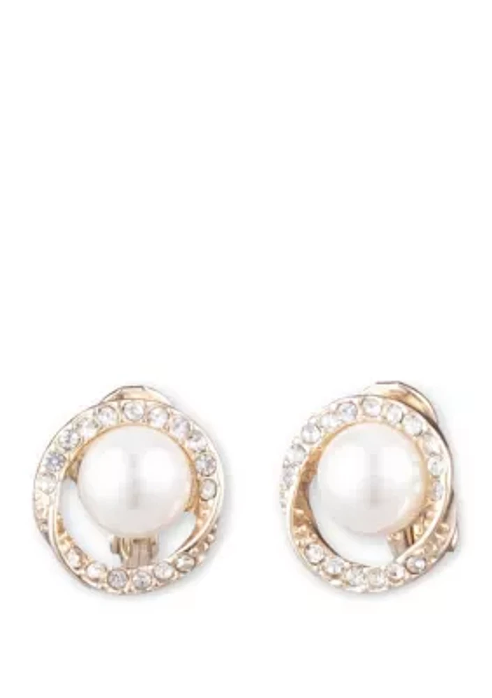 Gold Tone and White Pearl with Crystal Halo Button EZ Comfort Clip Earrings