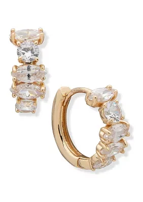 Gold Tone Crystal Navette Round Stone Hoop Pieced Earrings 