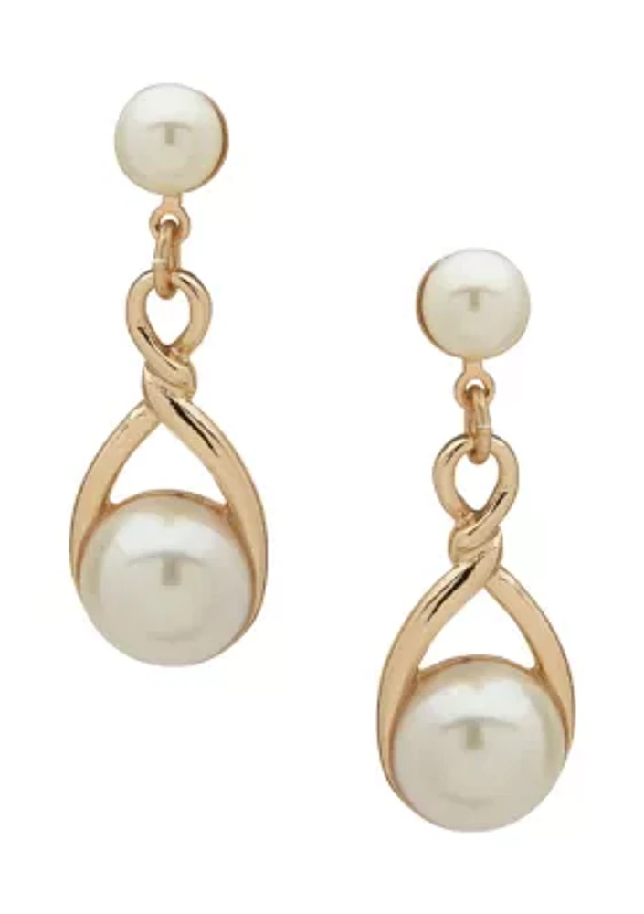 Gold Tone Pearl Twisted Post Linear Earrings