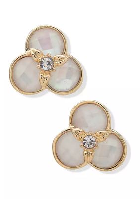 Gold Tone White Mofther-of-Pearl Flower Button Clip Earrings