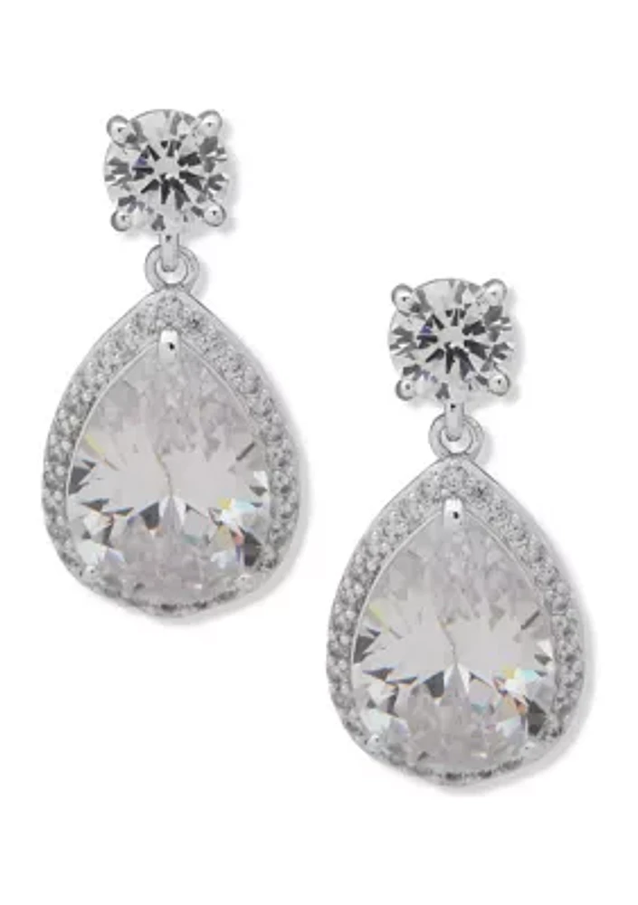 Silver Tone Crystal Round Halo Stud with  Pear Drop Earrings