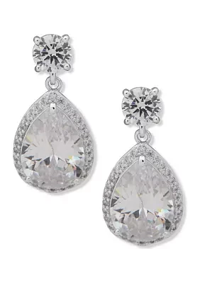 Silver Tone Crystal Round Halo Stud with  Pear Drop Earrings