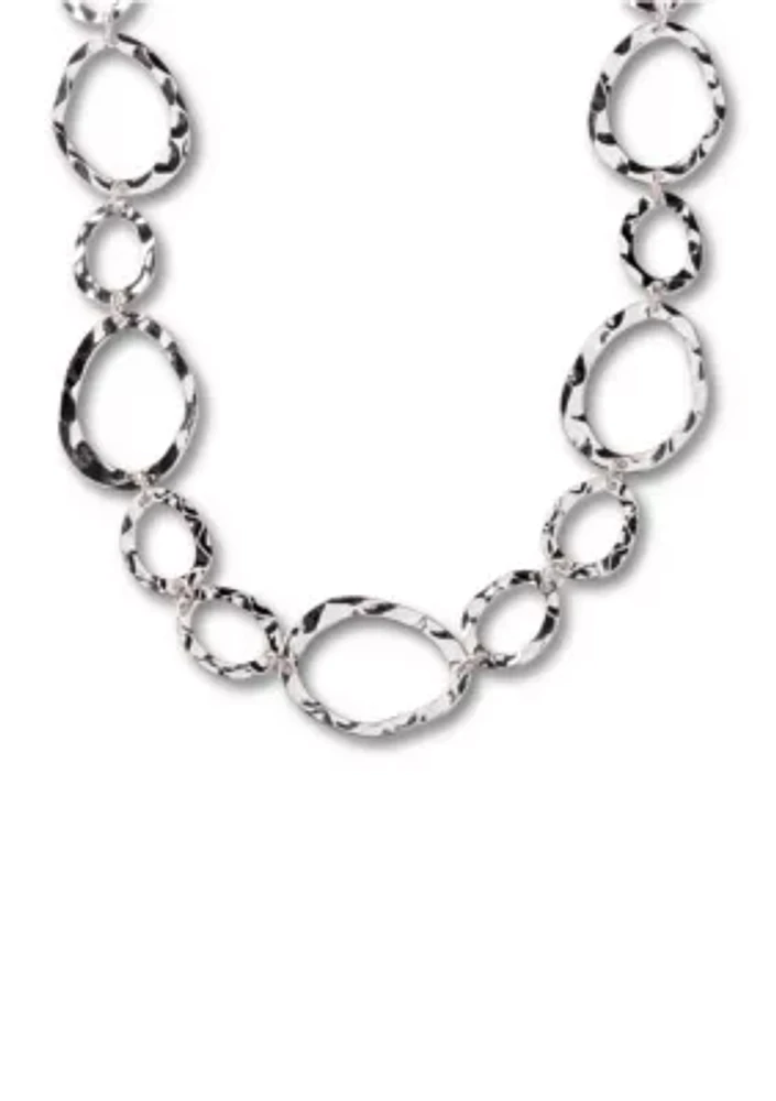 Silver Tone Hammered Ovals Chain Necklace