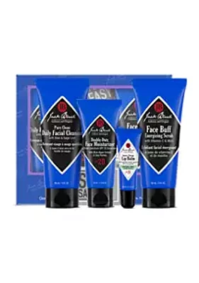 Jack Black Skin Saviors with Pure Clean Daily Facial Cleanser, Double-Duty Face Moisturizer SPF 20, Intense Therapy Lip Balm SPF 25 Natural Mint & Shea Butter & Face Buff Energizing Scrub