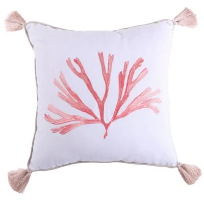 Embroidered Coral with Tassels Pillow