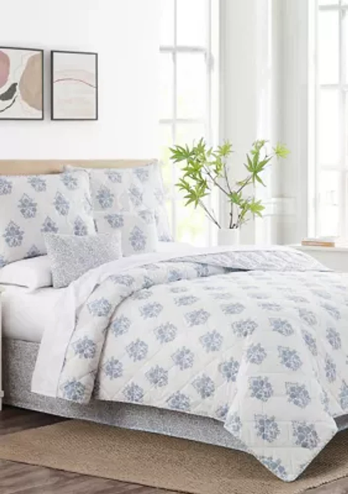 Blue Mila Damask Quilt Set