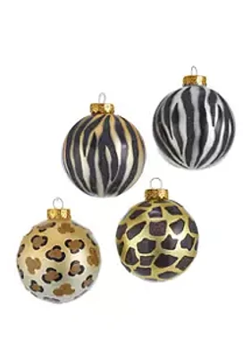 Kurt S. Adler Set of 6 80 Millimeter Gold, Silver and Black Animal Glass Ball Ornaments