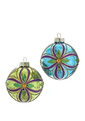 Kurt S. Adler Set of 6 80 Millimeter Green, Blue, Gold and Purple Glass Ball Ornaments