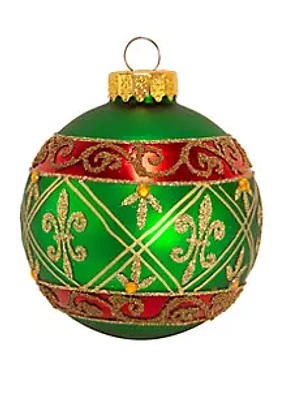 Kurt S. Adler Green Glass Ball Ornament With Red And Gold Fleur-De-Lis Design 6-Piece Box Set