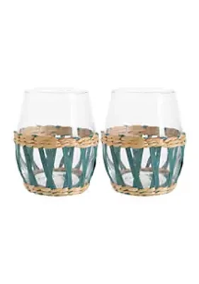 Home Essentials Turquoise Rattan Sleeve Stemless Glasses - Set of 2