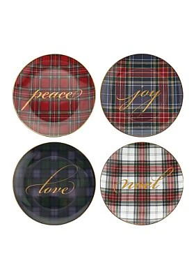 Set of 4 Tartan Plates: Peace, Love, Joy, Noel