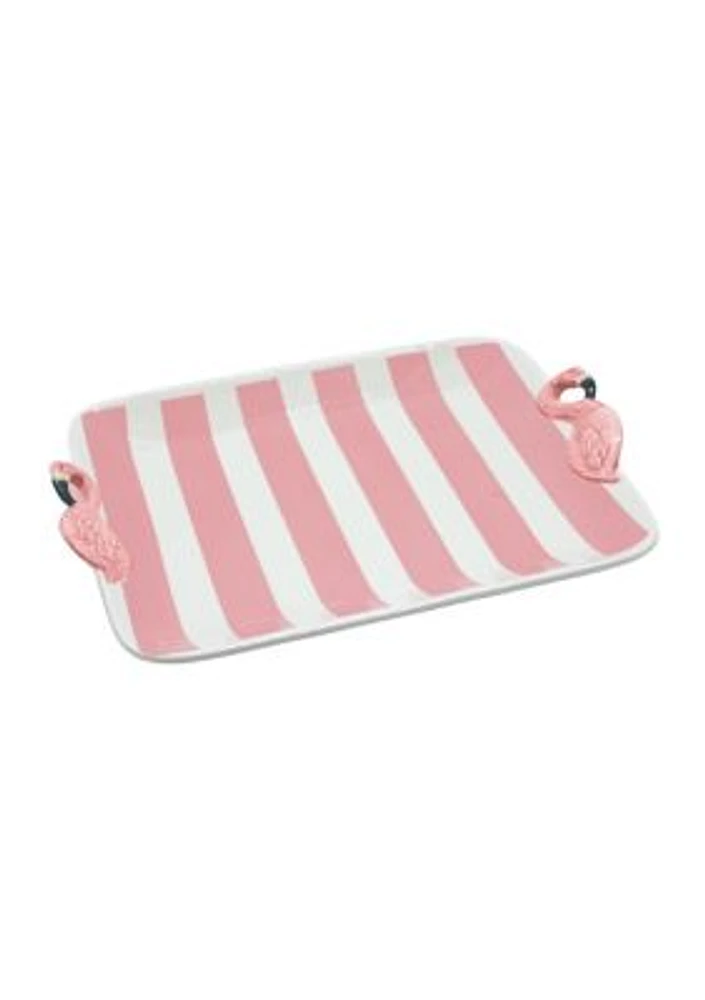 Pink and White Striped Rectangular Tray with Flamingo Handles