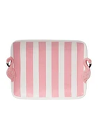 Pink and White Striped Rectangular Tray with Flamingo Handles