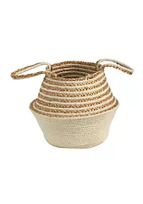 Nearly Natural 14-Inch Boho Chic Belly Basket Natural Jute and Cotton Basket Planter, Cream Cotton Bottom Natural Top with Handles