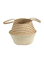 Nearly Natural 14-Inch Boho Chic Belly Basket Natural Jute and Cotton Basket Planter, Cream Cotton Bottom Natural Top with Handles