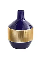Nearly Natural 9-Inch Lux Blue Ceramic Vase with Gold Band