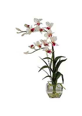 Nearly Natural Dendrobium with Glass Vase Silk Flower Arrangement