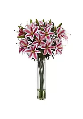 Nearly Natural Rubrum Lily with Large Cylinder Floral Arrangement