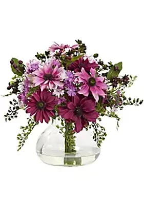 Nearly Natural Mixed Daisy Floral Arrangement with Vase