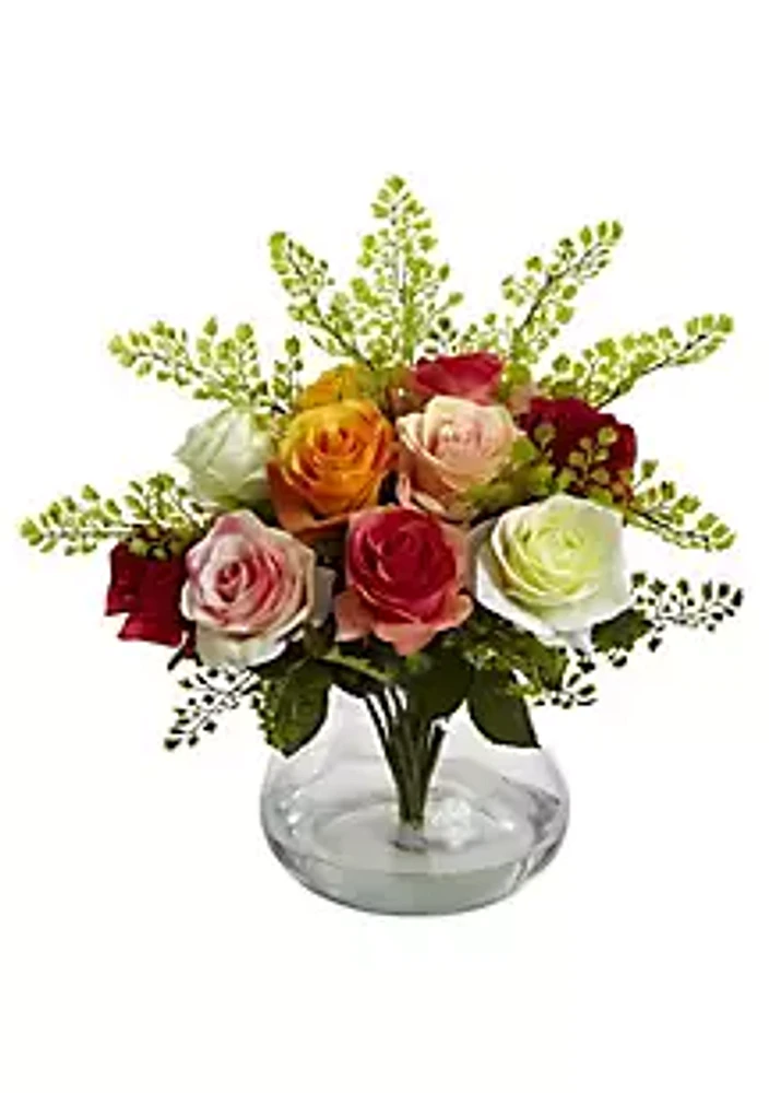 Nearly Natural Rose and Maiden Hair Floral Arrangement with Vase