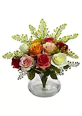 Nearly Natural Rose and Maiden Hair Floral Arrangement with Vase