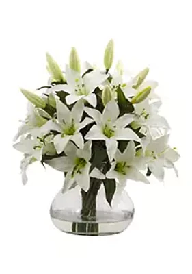 Nearly Natural Lily Silk Arrangement with Glass Vase