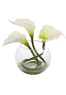 Nearly Natural 9-Inch Calla Lily Artificial Arrangement in Rounded Glass Vase