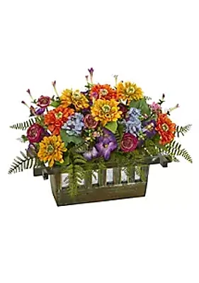 Nearly Natural Mixed Floral Artificial Arrangement in Rectangular Wood Planter