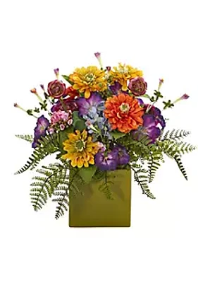 Nearly Natural Mixed Floral Artificial Arrangement in Green Vase