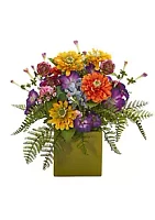 Nearly Natural Mixed Floral Artificial Arrangement in Green Vase